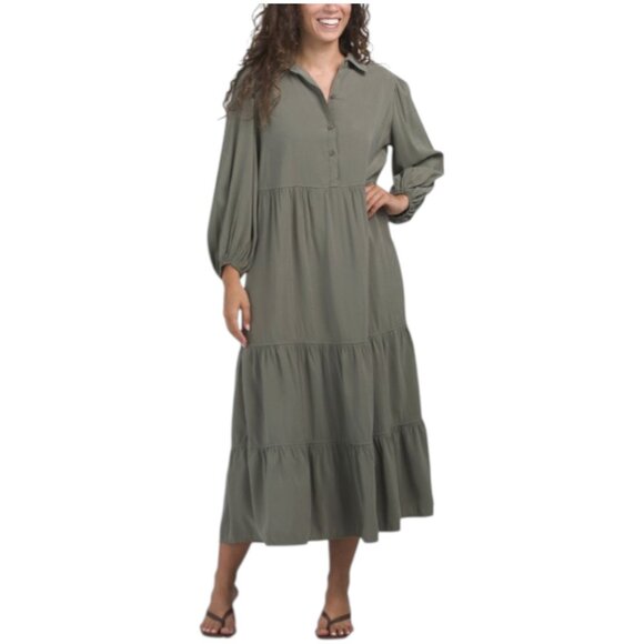 Max Studio Dresses & Skirts - MAX STUDIO Three-quarter Sleeve Collared Tiered Midi Dress